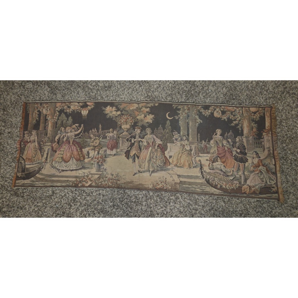 Vintage Belgian Jacquard Wall Tapestry Venetian Masquerade Scene 53x18